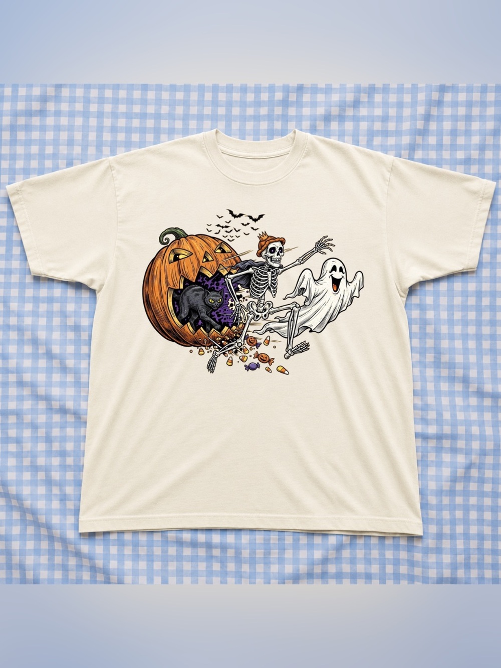 Halloween Pumpkin Skeleton Ghost Graphic Tee - Cream Vintage